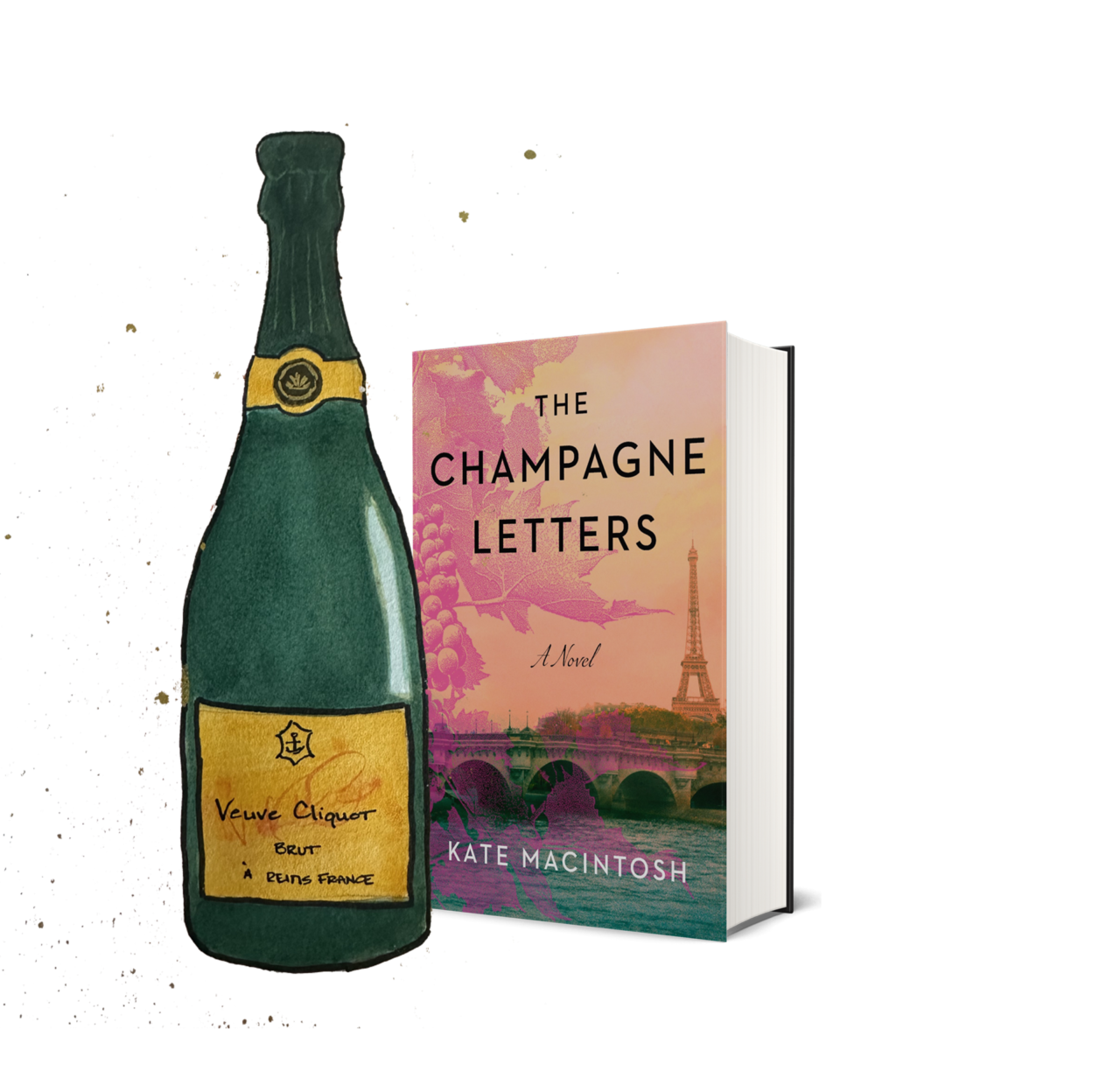 bottle of Veuve Cliquot and a book called The Champagne Letters